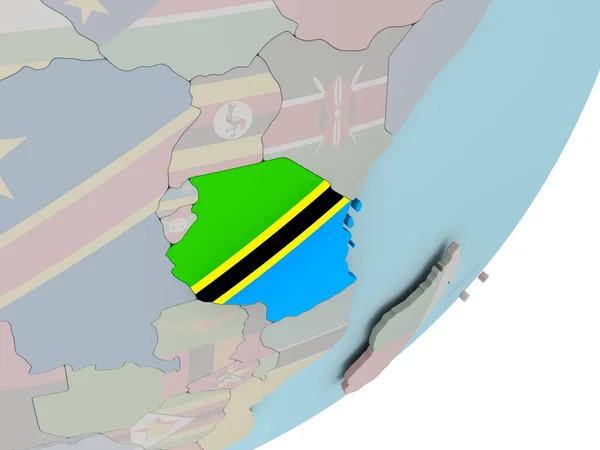 Tanzânia no globo com bandeiras — Fotografia de Stock