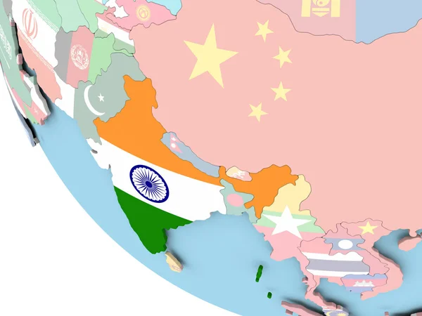 Indie s vlajkou na zeměkouli — Stock fotografie