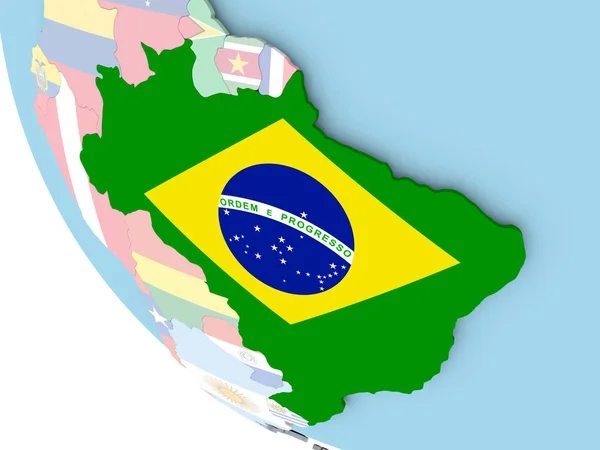 Brazil with flag on globe — Stock Photo, Image