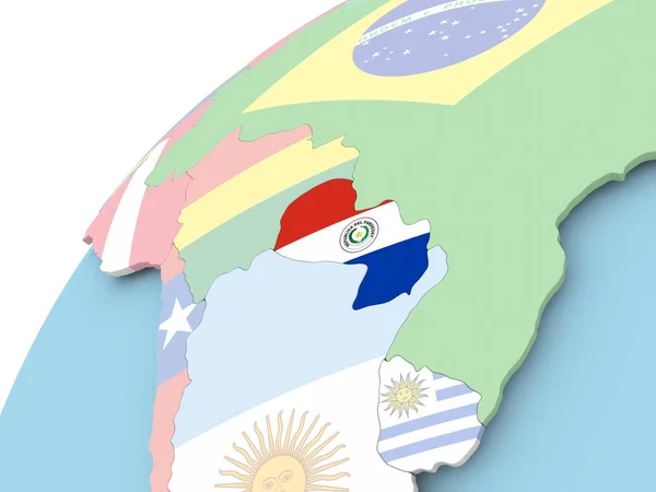 Paraguay på jordglob med flagga — Stockfoto