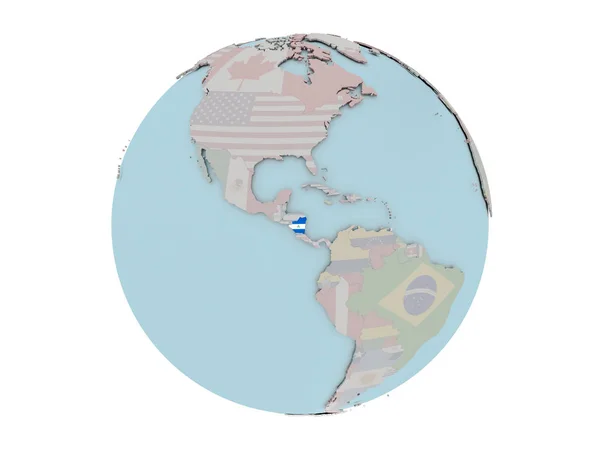 Nicaragua with flag on globe — Stock Photo, Image