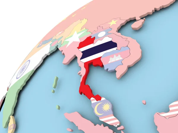 Thailand op wereldbol met vlag — Stockfoto
