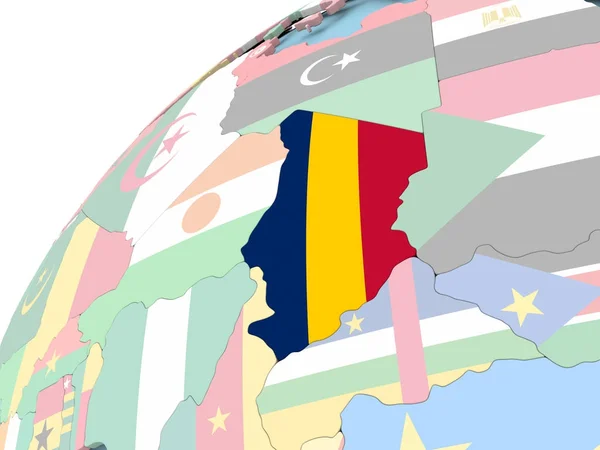 Tchad på jordglob med flagga — Stockfoto