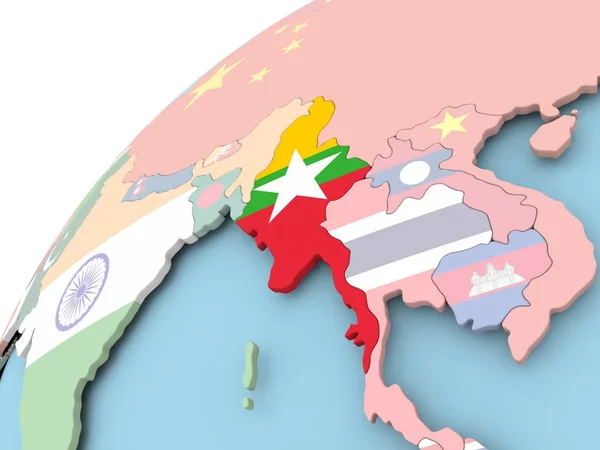 Myanmar bayrağı ile dünya üzerinde — Stok fotoğraf