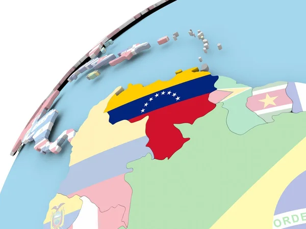 Venezuela op wereldbol met vlag — Stockfoto