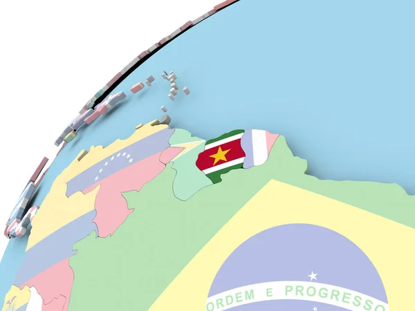 Σουρινάμ, όσον αφορά την υδρόγειο με σημαία — Φωτογραφία Αρχείου