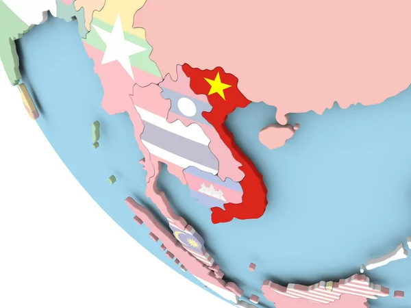 Vietnam with flag on globe — Stock Photo, Image