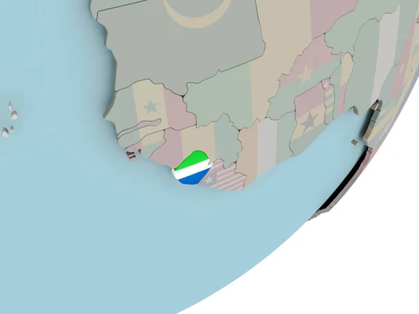 Sierra leone auf globus mit fahnen — Stockfoto