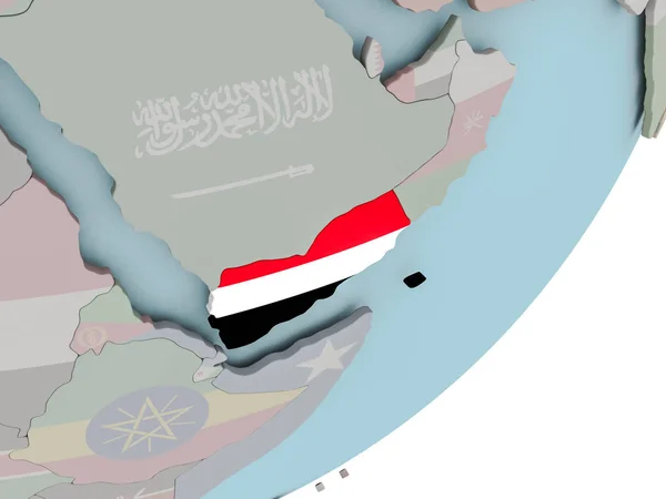 Yemen sul globo con bandiere — Foto Stock
