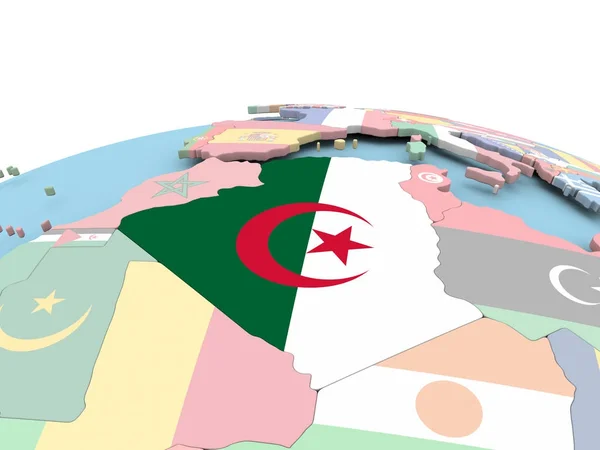 Flagge von Algerien auf hellem Globus — Stockfoto