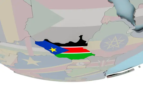Südsudan mit Flagge auf Globus — Stockfoto