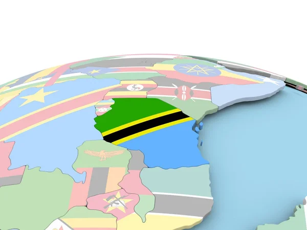 Flagge von Tansania auf hellem Globus — Stockfoto