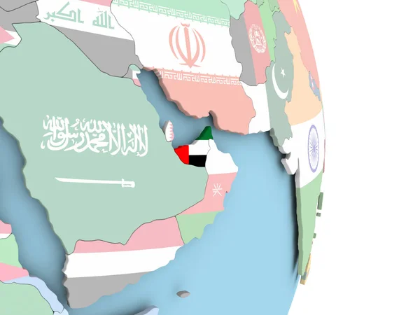 Emirados Árabes Unidos com bandeira no globo — Fotografia de Stock