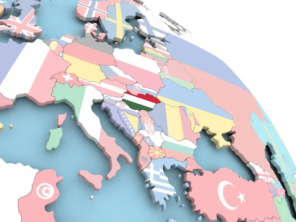 Flagge von Ungarn auf Globus — Stockfoto
