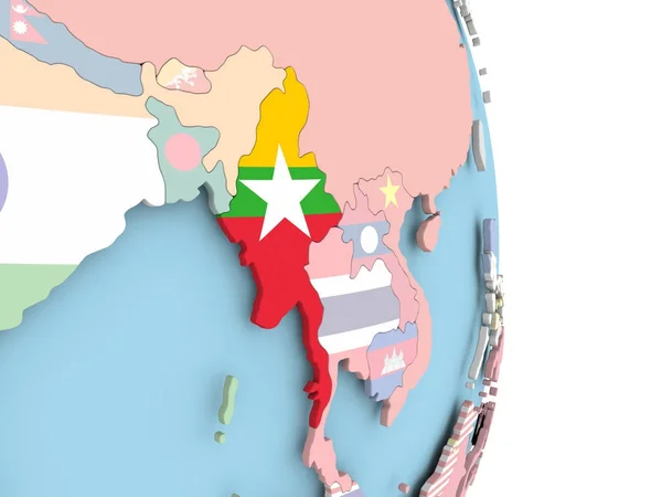 Myanmar mit Fahne auf Globus — Stockfoto