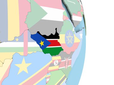 Dünya üzerinde bayrak ile Güney Sudan
