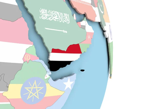Yemen con bandiera sul globo — Foto Stock