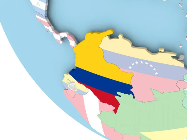 Colombia with flag on globe — Stock Photo, Image