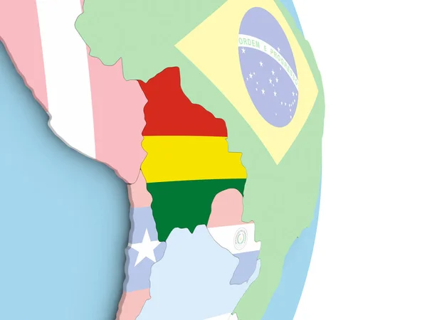 Bolivia with flag on globe — Stock Photo, Image