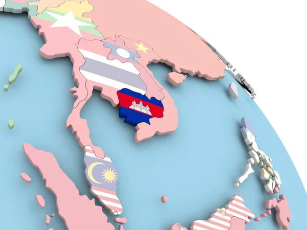 Dünya üzerinde Kamboçya bayrağı — Stok fotoğraf