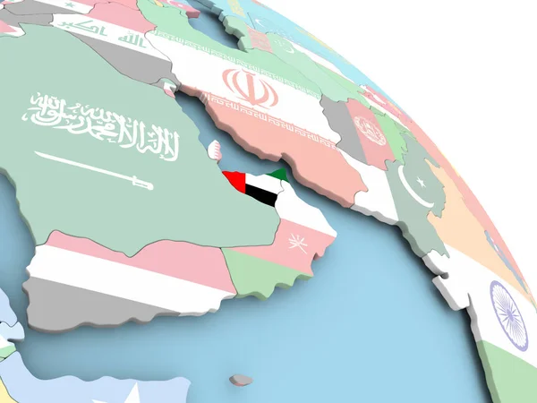 Bandeira dos Emirados Árabes Unidos no mundo — Fotografia de Stock