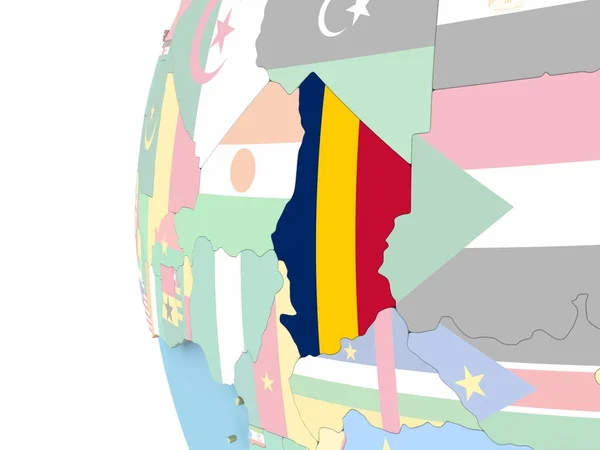 Fahne von Tschad auf politischem Globus — Stockfoto