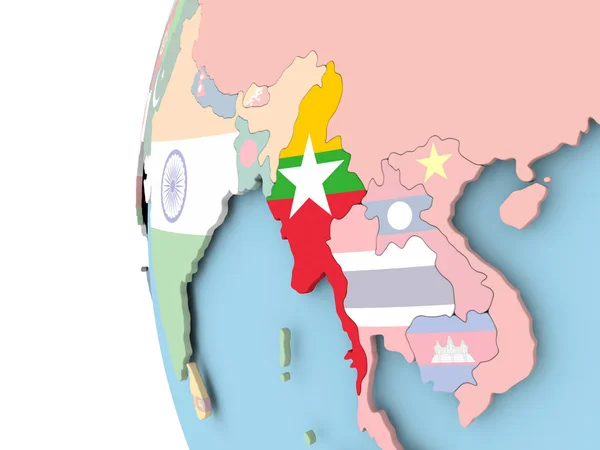 Прапор М'янми на політичні глобус — стокове фото