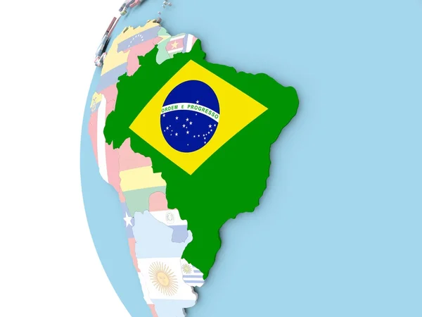 Vlag van Brazilië op politieke wereldbol — Stockfoto
