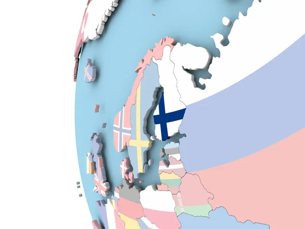 Finlandiya bayrağı siyasi dünya üzerinde — Stok fotoğraf