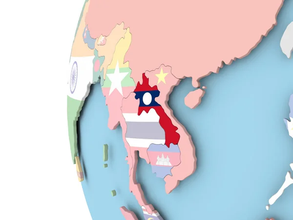 Vlag van Laos op politieke wereldbol — Stockfoto