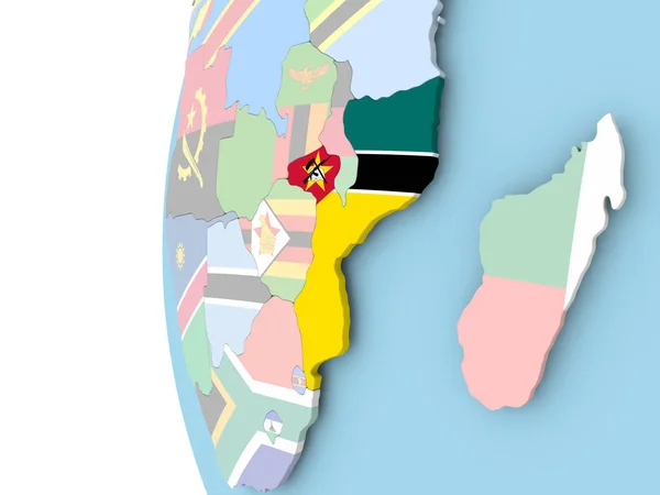 Moçambiques flagga på politiska jordglob — Stockfoto