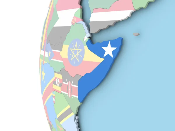 Flagge Somalias auf politischem Globus — Stockfoto