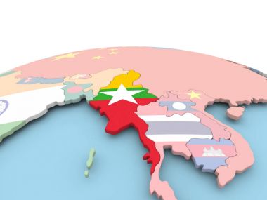 Myanmar bayrağı parlak dünya üzerinde
