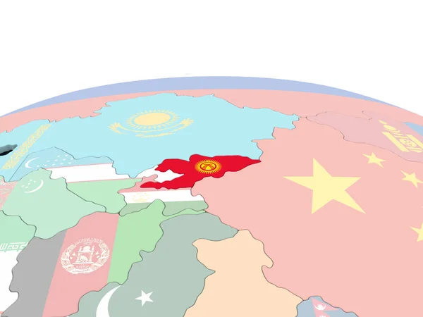 Flagge von Kyrgyzstan auf hellem Globus — Stockfoto