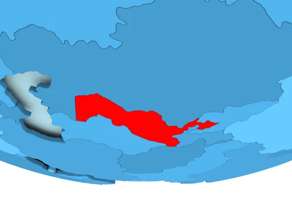 Uzbequistão em vermelho no mapa azul — Fotografia de Stock