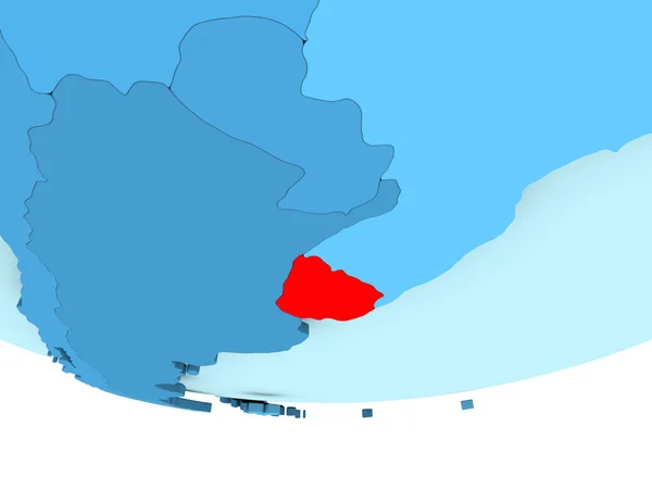 Уругвай в червоний колір на синій карті — стокове фото
