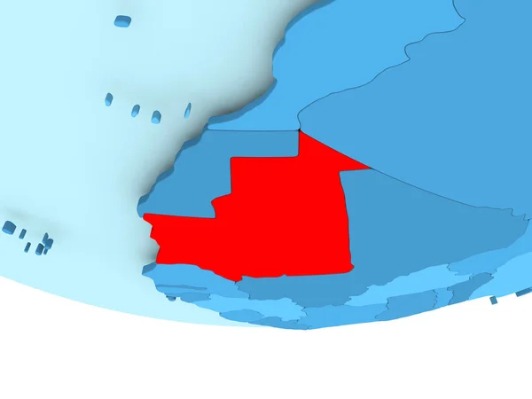 Mauritania en rojo en el mapa azul — Foto de Stock