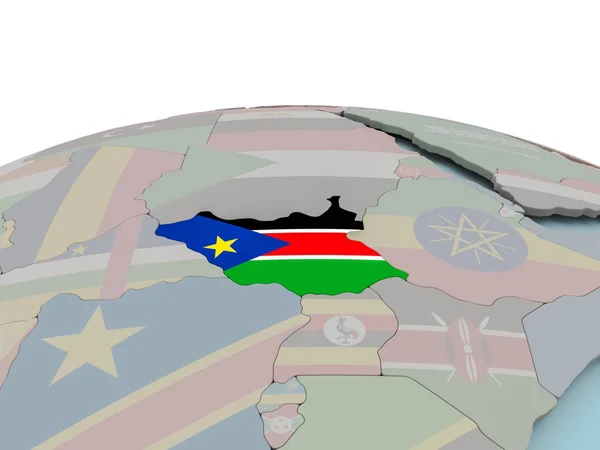 Mappa politica del Sud Sudan sul globo con la bandiera — Foto Stock
