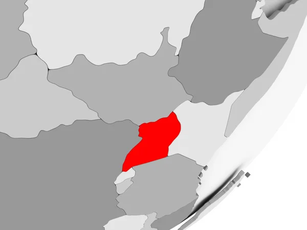 Uganda i rött på grå karta — Stockfoto