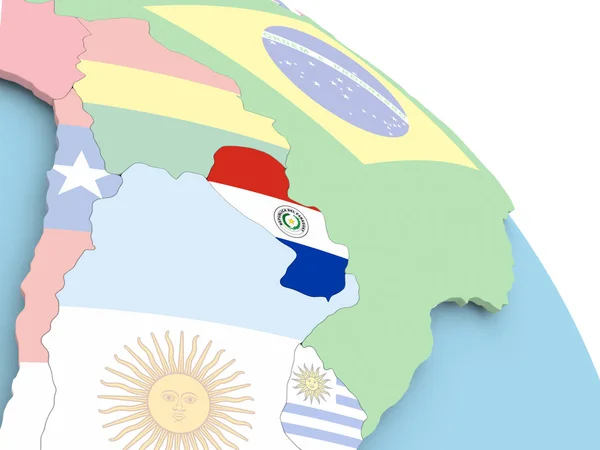 Dünya üzerinde Paraguay Cumhuriyeti bayrağı — Stok fotoğraf