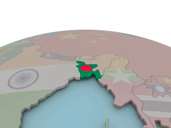 Politieke kaart van Bangladesh op wereldbol met vlag — Stockfoto