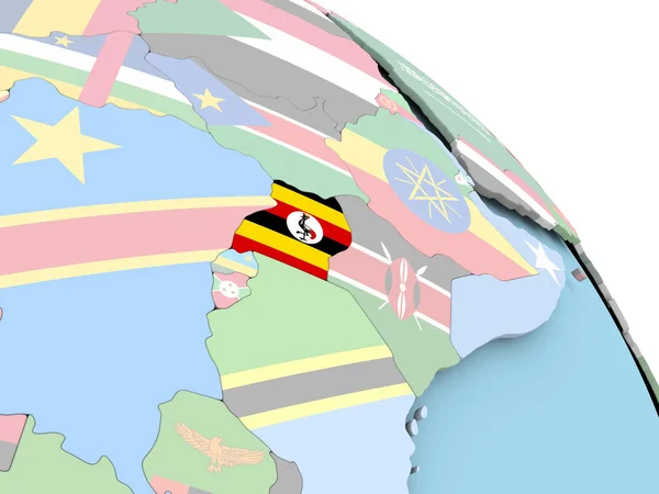 Vlajka Ugandy na zeměkouli — Stock fotografie