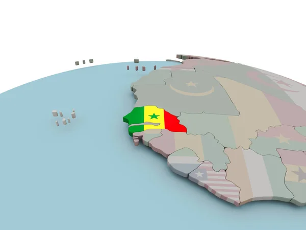 Polityczna mapa Senegalu na świecie z flagą — Zdjęcie stockowe