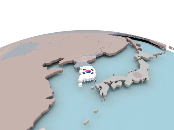 Politieke kaart van Zuid-Korea op wereldbol met vlag — Stockfoto
