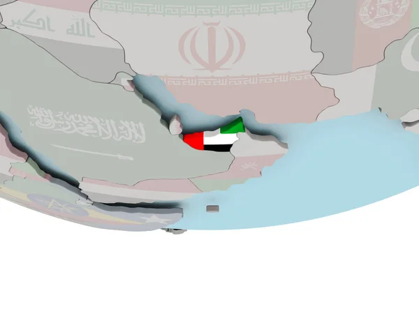 Verenigde Arabische Emiraten met vlag op de wereldbol — Stockfoto