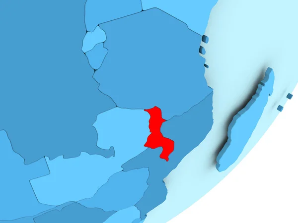 Karte von Malawi auf blauem politischen Globus — Stockfoto