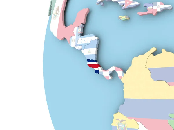 Vlag van Costa Rica op politieke wereldbol — Stockfoto