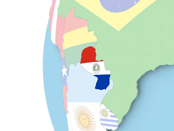 Siyasi dünya üzerinde Paraguay Cumhuriyeti bayrağı — Stok fotoğraf