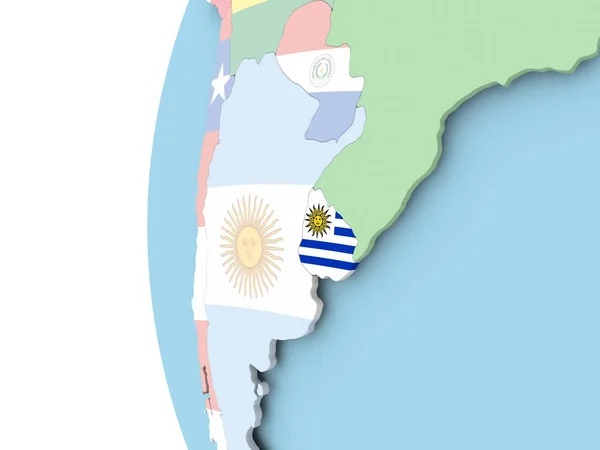 Drapeau de l'Uruguay sur le globe politique — Photo