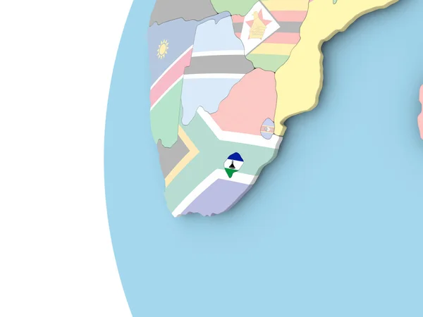 Flagge von Lesotho auf politischem Globus — Stockfoto